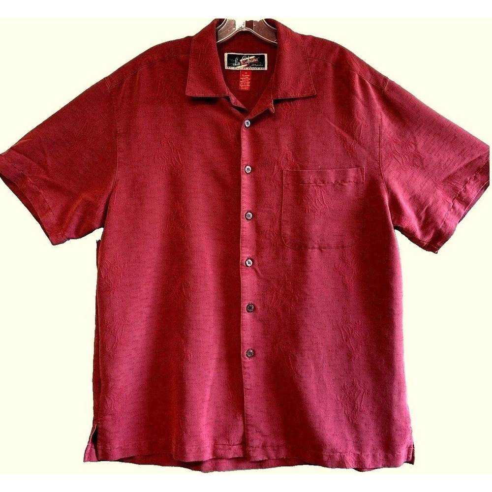 La Cabana Mens Burgundy Red‎ Palm Tree Jacquard Short Sleeve Camp Shirt Medium